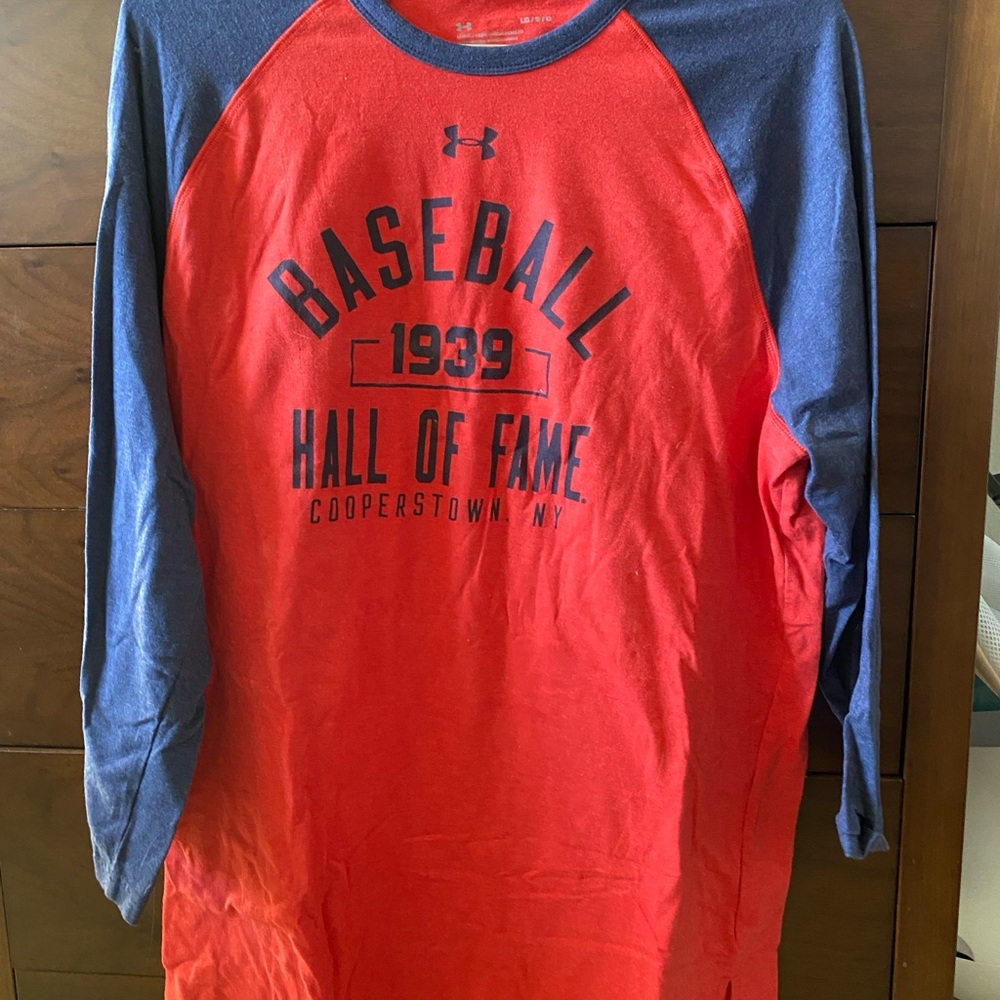 Under Armour Red and Navy Baseball Hall of Fame 3/4 sleeve shirt
